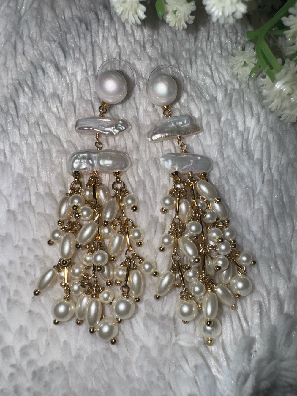 Stunning Sterling w/Gold Wash Baroque Pearl Chandelier Earrings